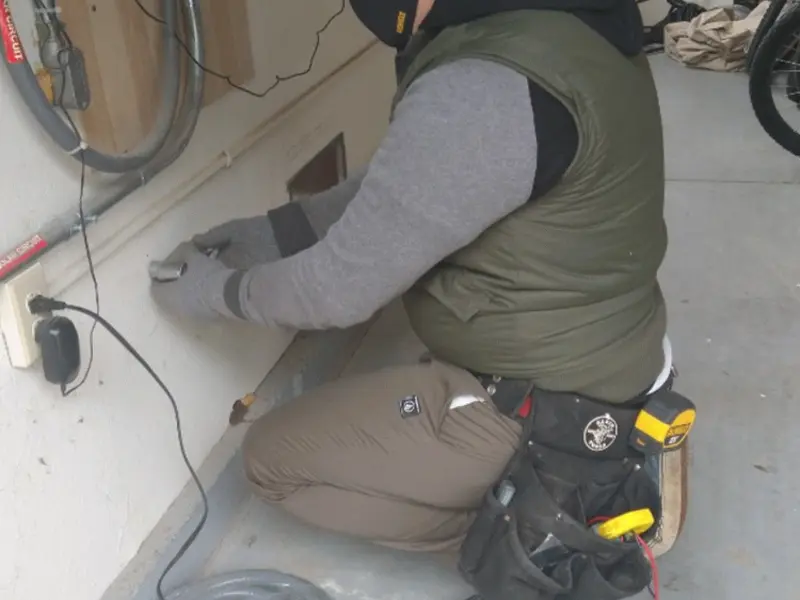 Electrician performing outlet wiring in a Zimmerman garage